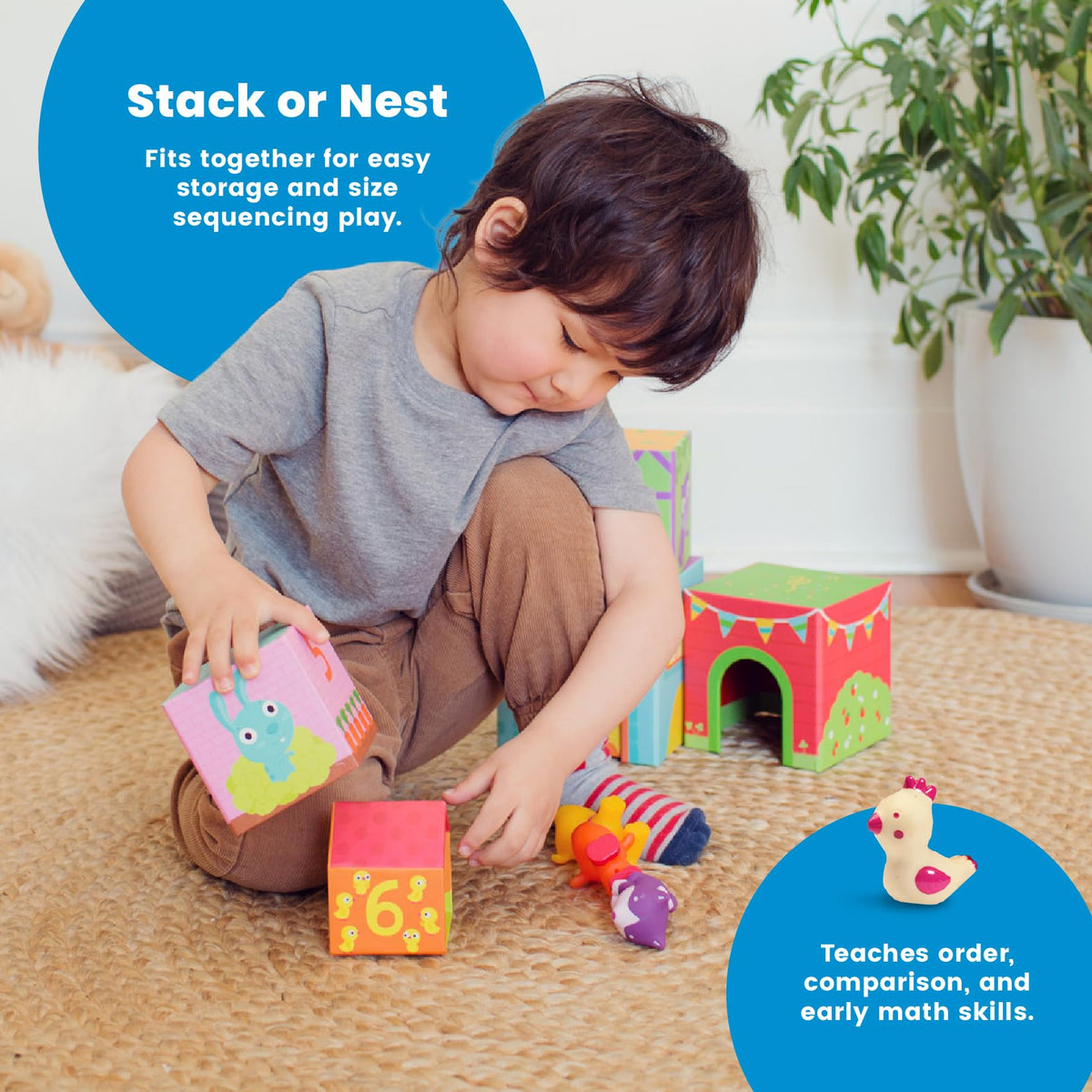 DJECO Topanifarm blocks allow stacking and nesting to save space.