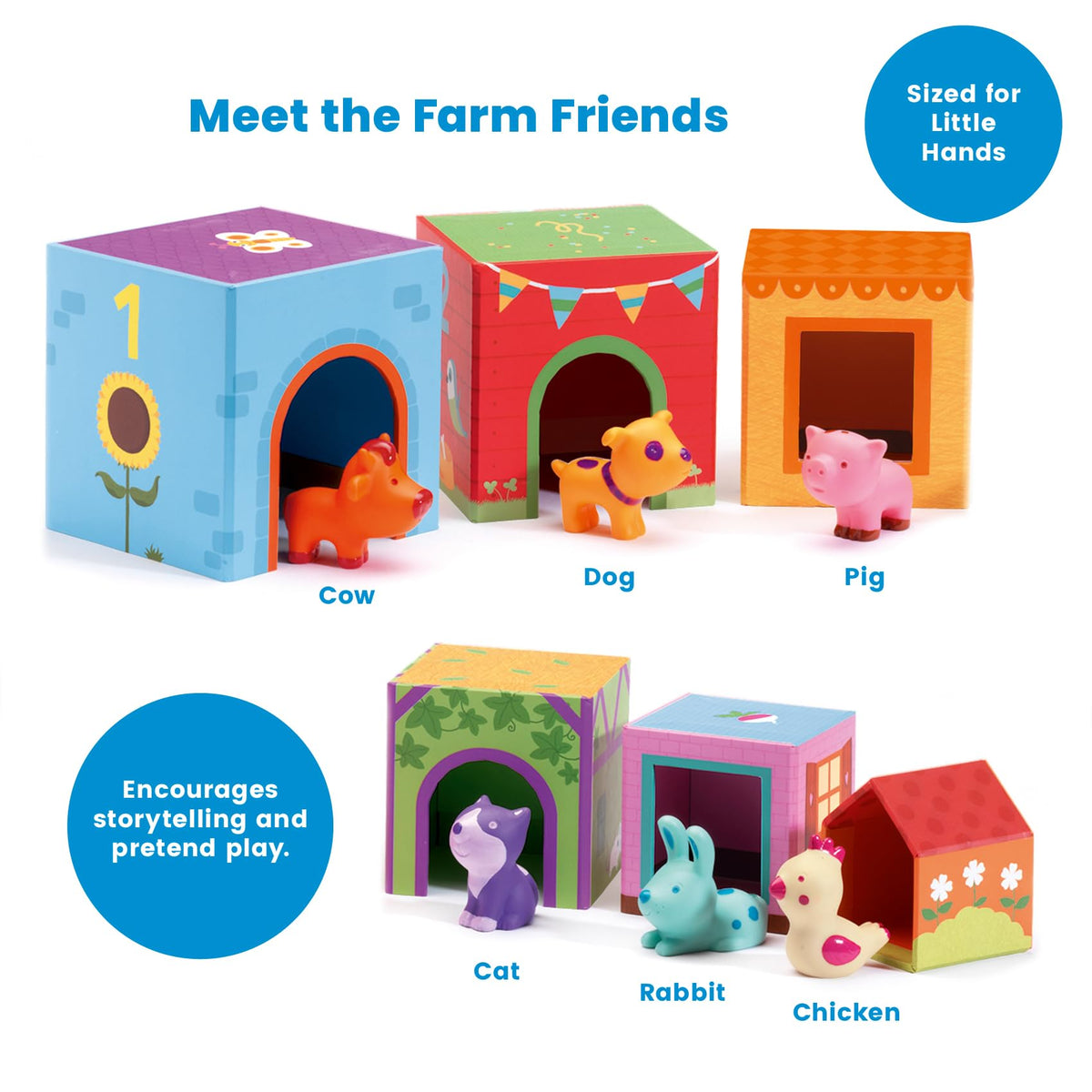 DJECO Topanifarm wooden blocks offer durable, long lasting playtime.