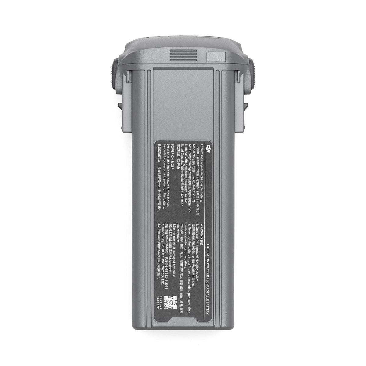 DJI Air 3 Intelligent Flight Battery front view highlights extended flight time for longer shoots.