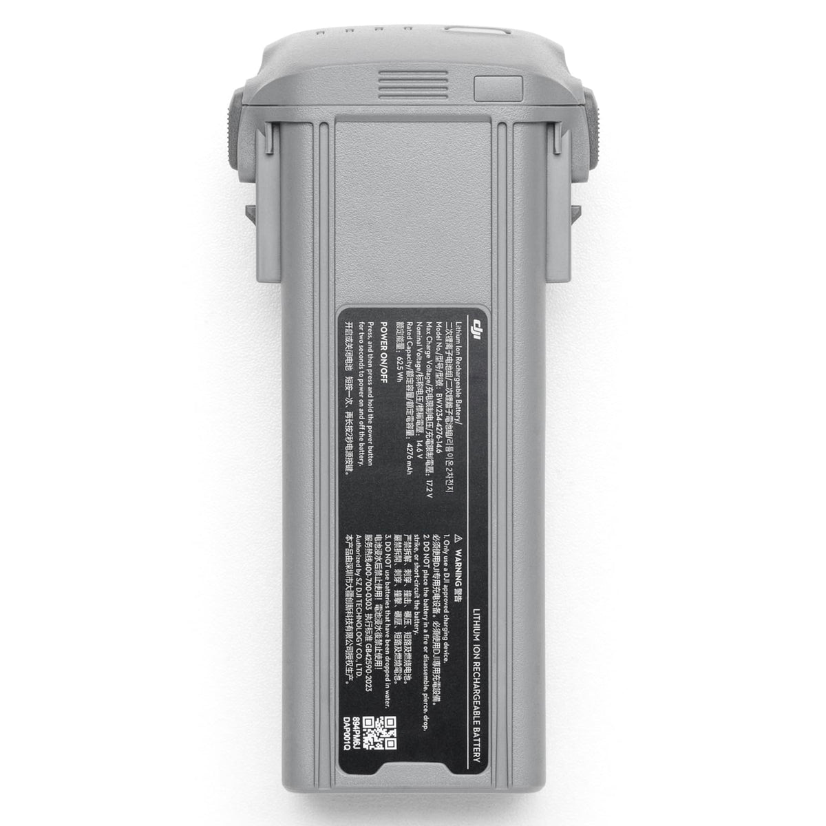 DJI Air 3S intelligent flight battery front view showing potential for extended flight time.