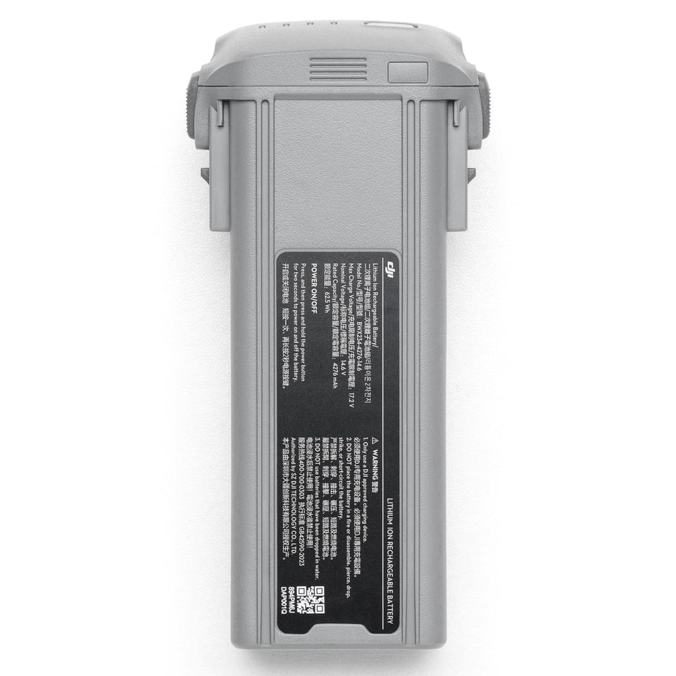 DJI Air 3S intelligent flight battery front view showing potential for extended flight time.