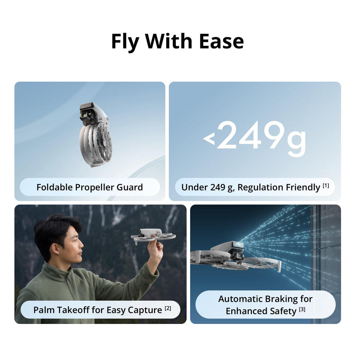 DJI Flip drone in hand enabling palm takeoff and quick start.