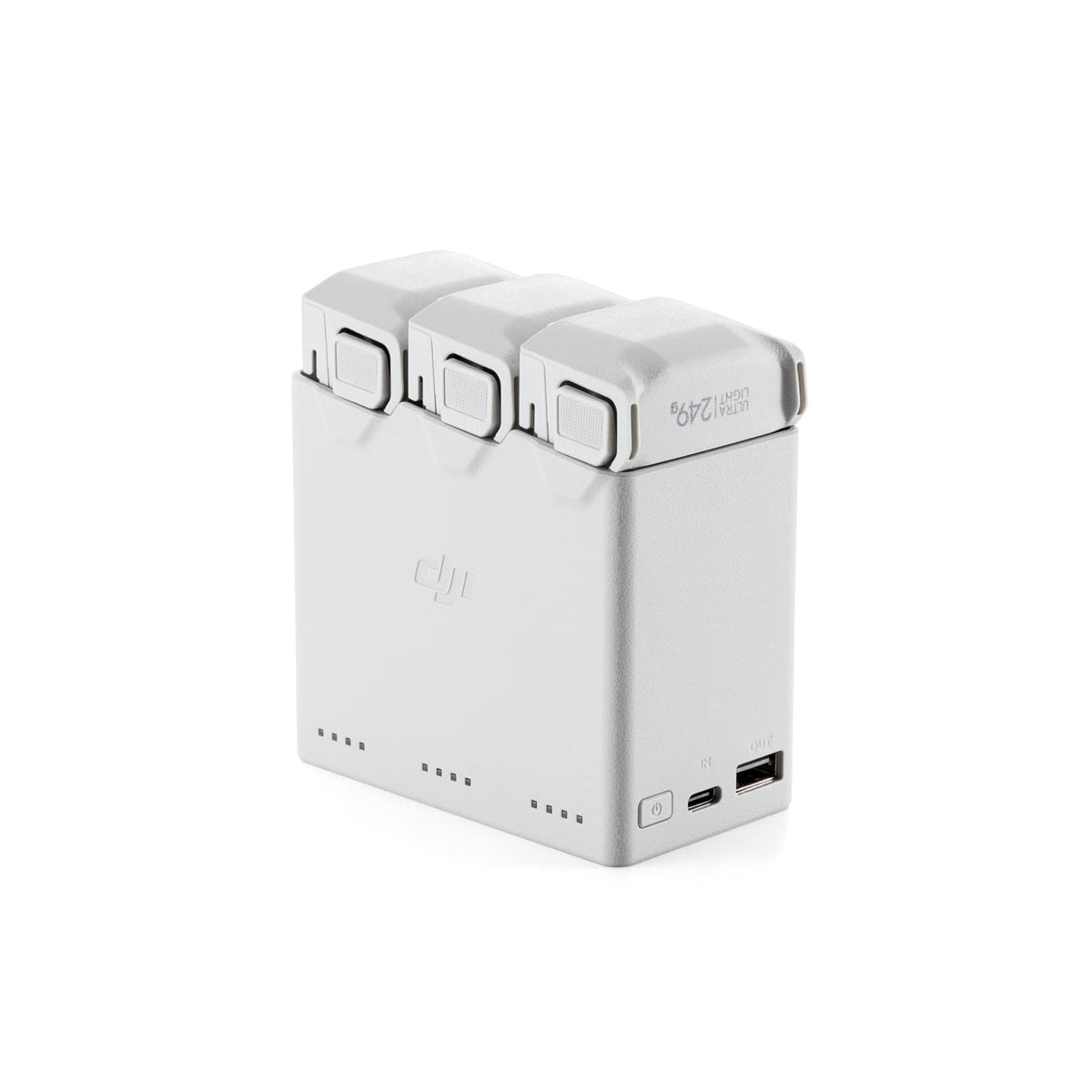 DJI Mini 3 Pro batteries neatly seated in hub for transport.