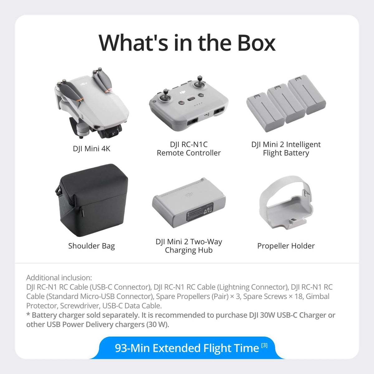 DJI Mini 4K includes three batteries for longer outdoor shooting sessions.
