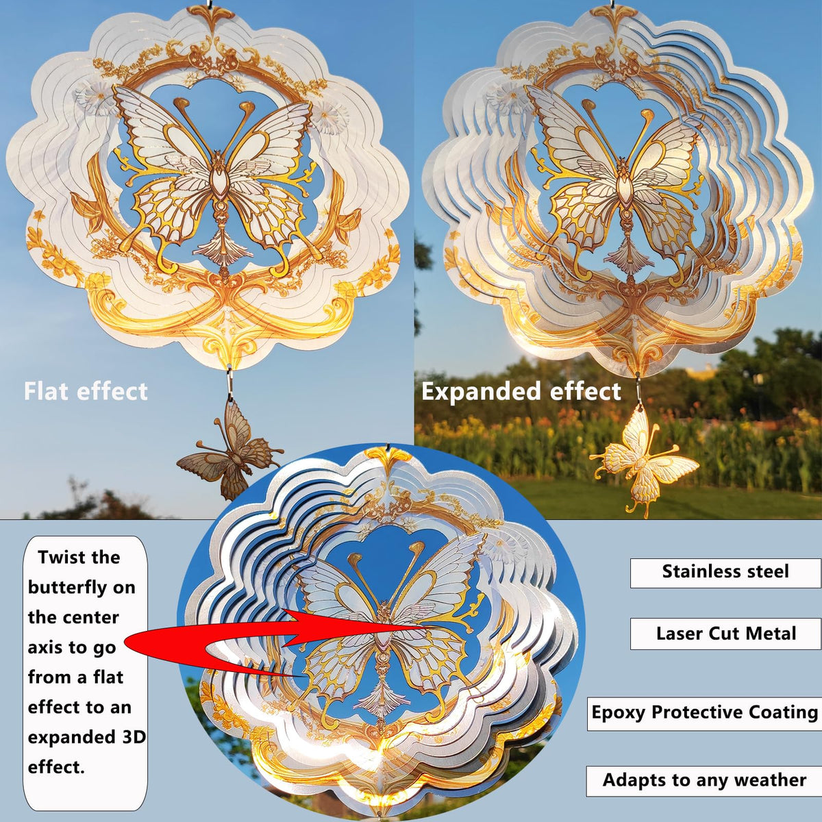 DJUAN Butterfly Wind Spinner 3D-reflection creates sparkling visual movement as breeze flows.