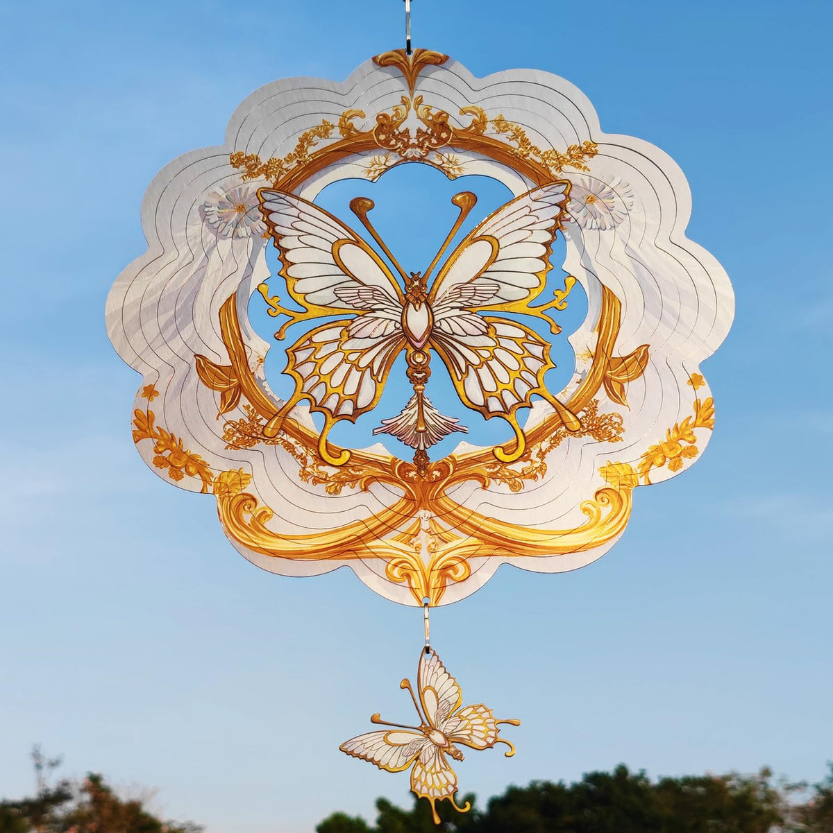 DJUAN Butterfly Wind Spinner hangs from a hook to elevate yard ambiance with color and motion.