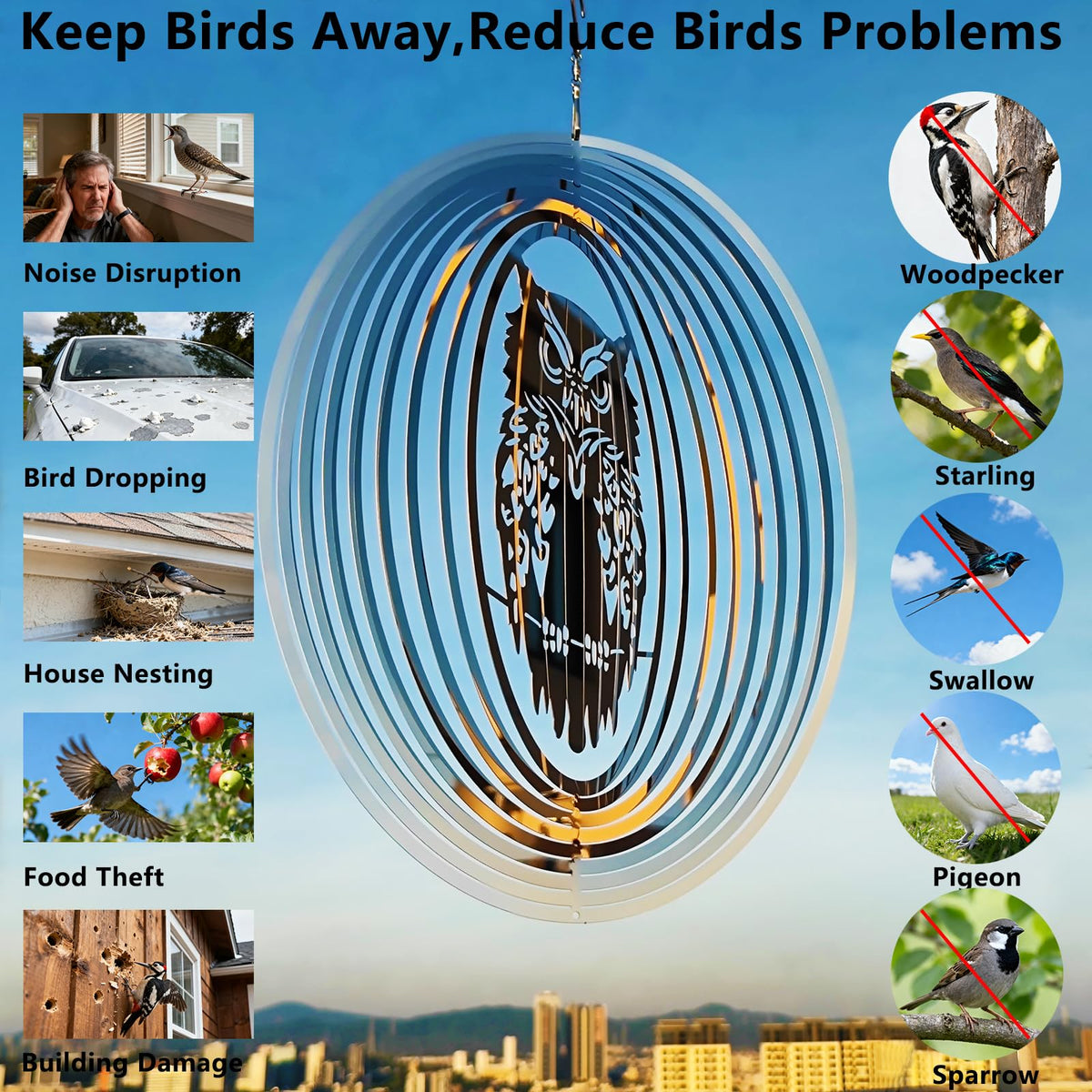 DJUAN Owl 3D mirror disc outdoor decor with dynamic color shifts.