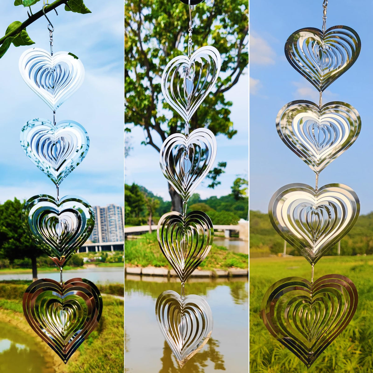 DJUAN Reflective Heart Disc Wind Spinner deters garden birds.