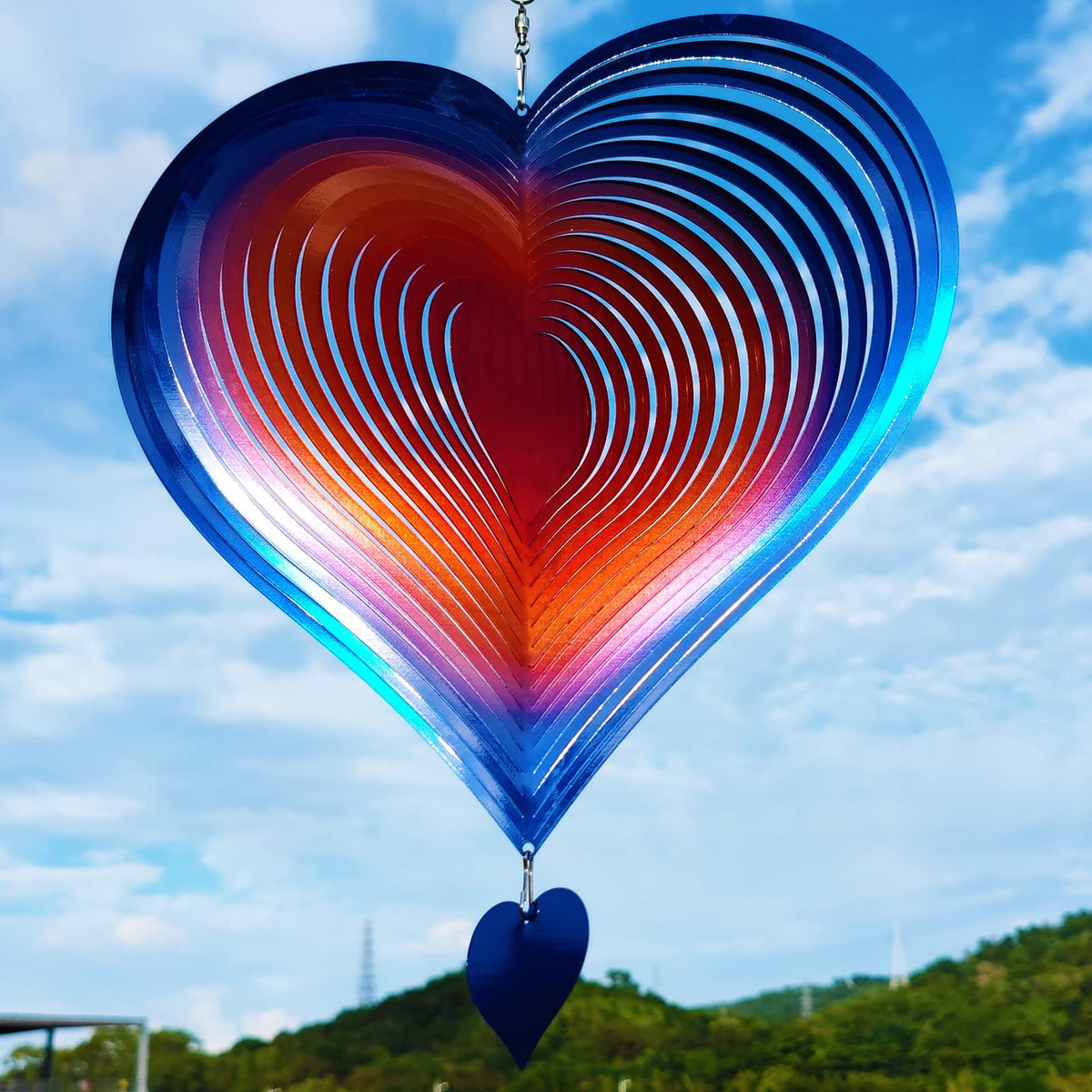 DJUAN wind spinner 12inch blue orange love heart for outdoor decor with vivid reflection
