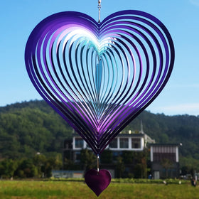 DJUAN wind spinner in purple-green gradient heart, a striking 3D metal hanging decor for yards.
