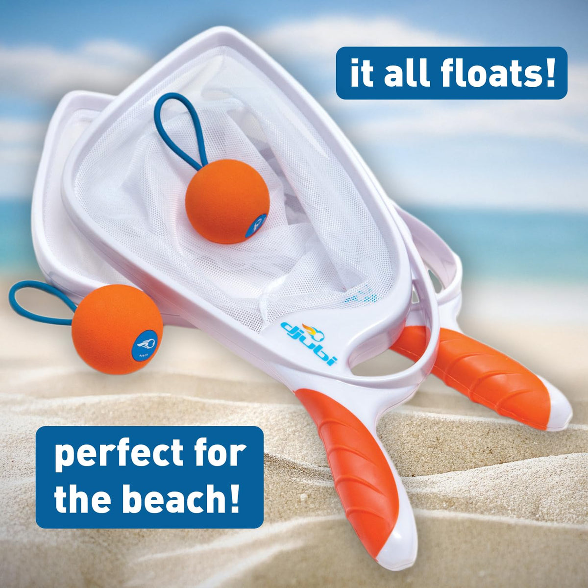 Djubi Slingball floating components for poolside and water-friendly play.
