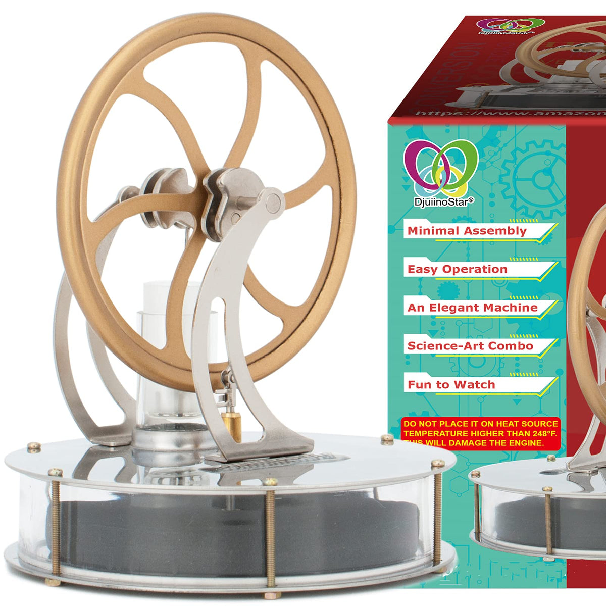 DjuiinoStar Stirling engine on a mug demonstrates a practical coffee timer and conversation piece.