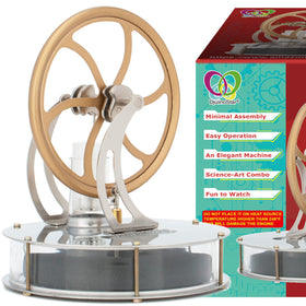 DjuiinoStar Stirling engine on a mug demonstrates a practical coffee timer and conversation piece.