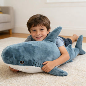 Djungelskog shark plush features reinforced stitching for lasting use.