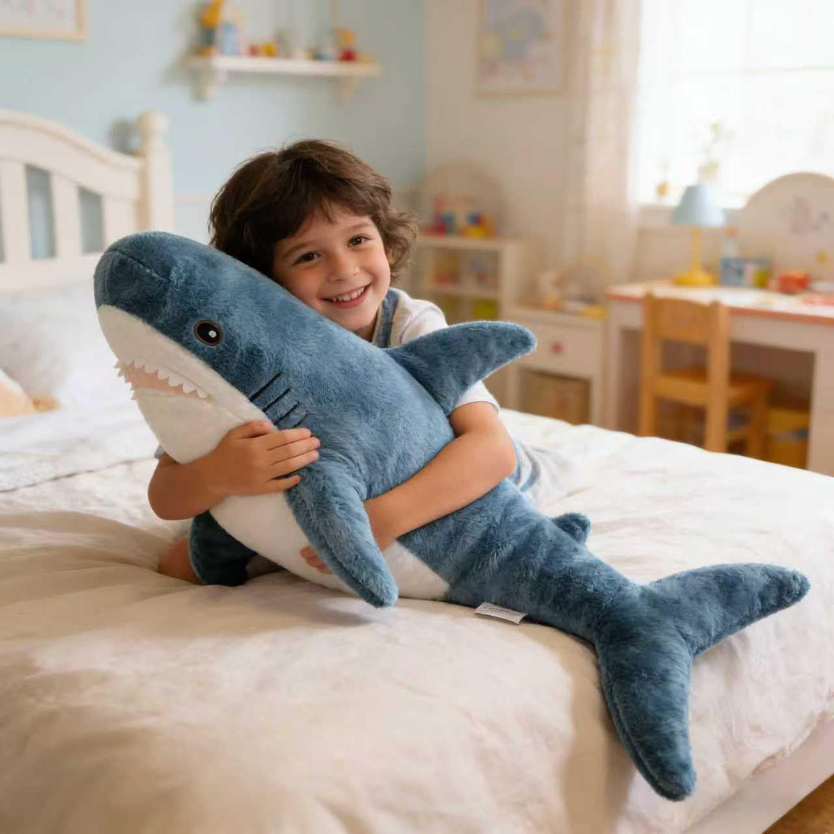 Djungelskog shark plush ships in vacuum-pack packaging to save space.