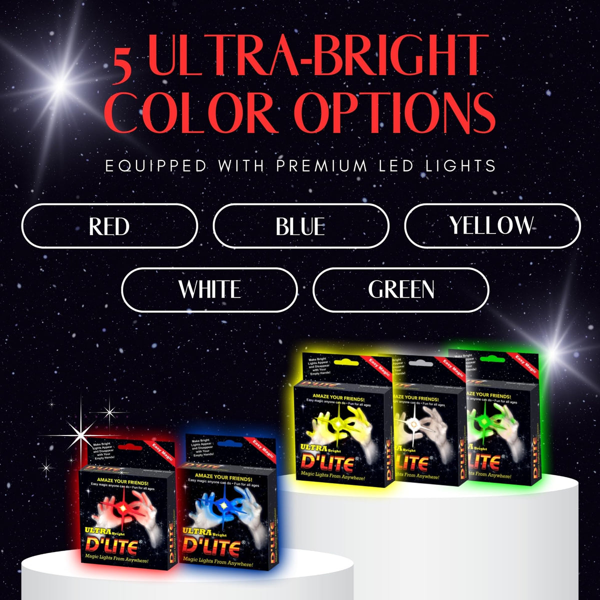 D'lite light finger glow on stage enhances visibility during sleight-of-hand routines.