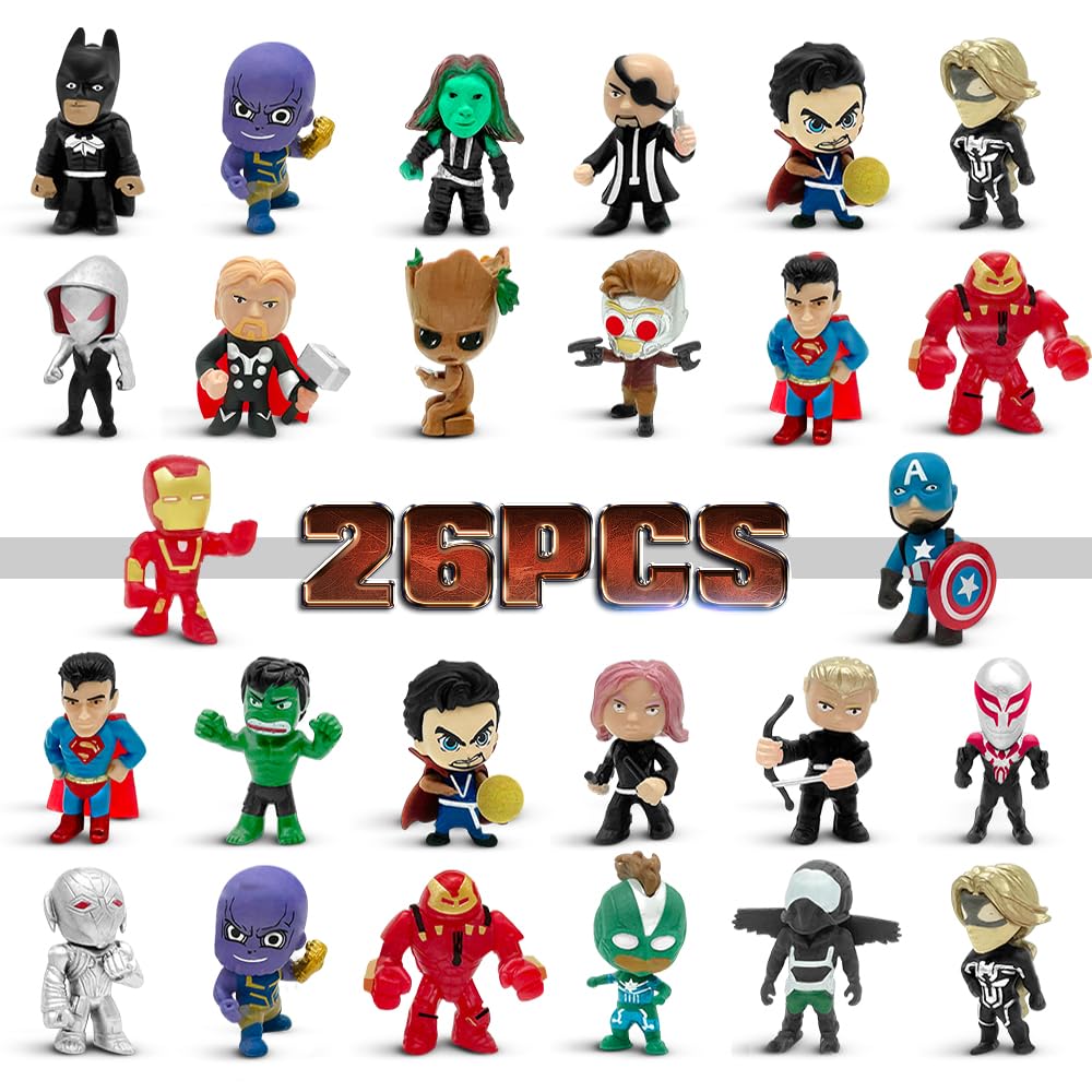 DLOCVN mini superhero toys pack cover showcasing 26 figures for creative play