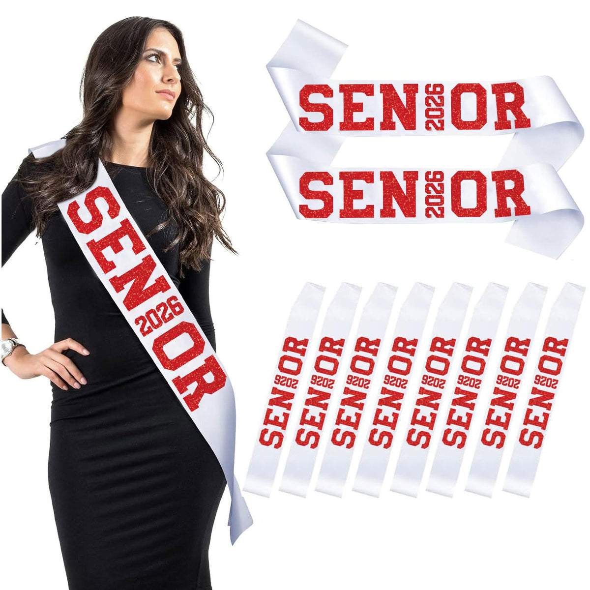 DMHMXZ 10-pack white satin sash with black glitter SENIOR letters for graduation events.