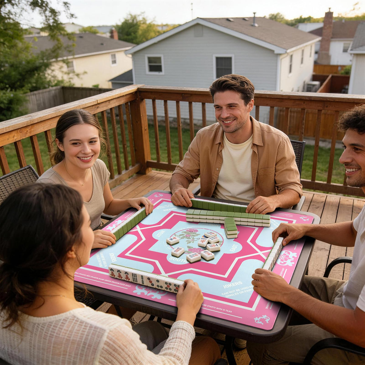 DMJHJY Mahjong mat supports poker, dominoes, and card games on a clean surface.