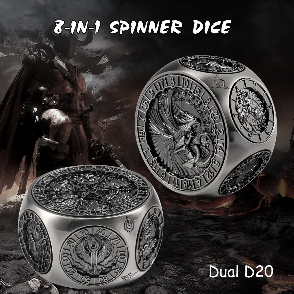 DNDND Chimera face engraving on a D20, collectible monster detail for fans.