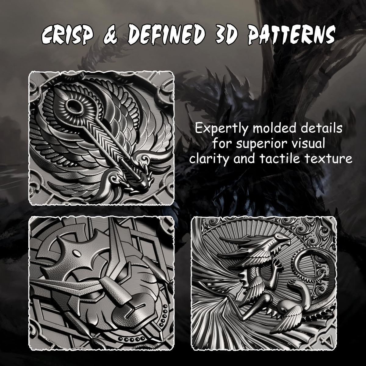 DNDND Couatl face engraving on a D20, elegant monster art for immersion.
