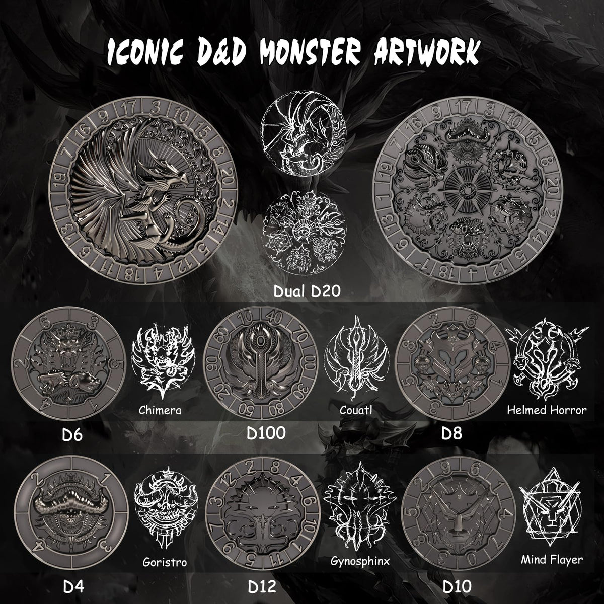 DNDND Goristro face engraving on a D20, bold fantasy icon for epic campaigns.