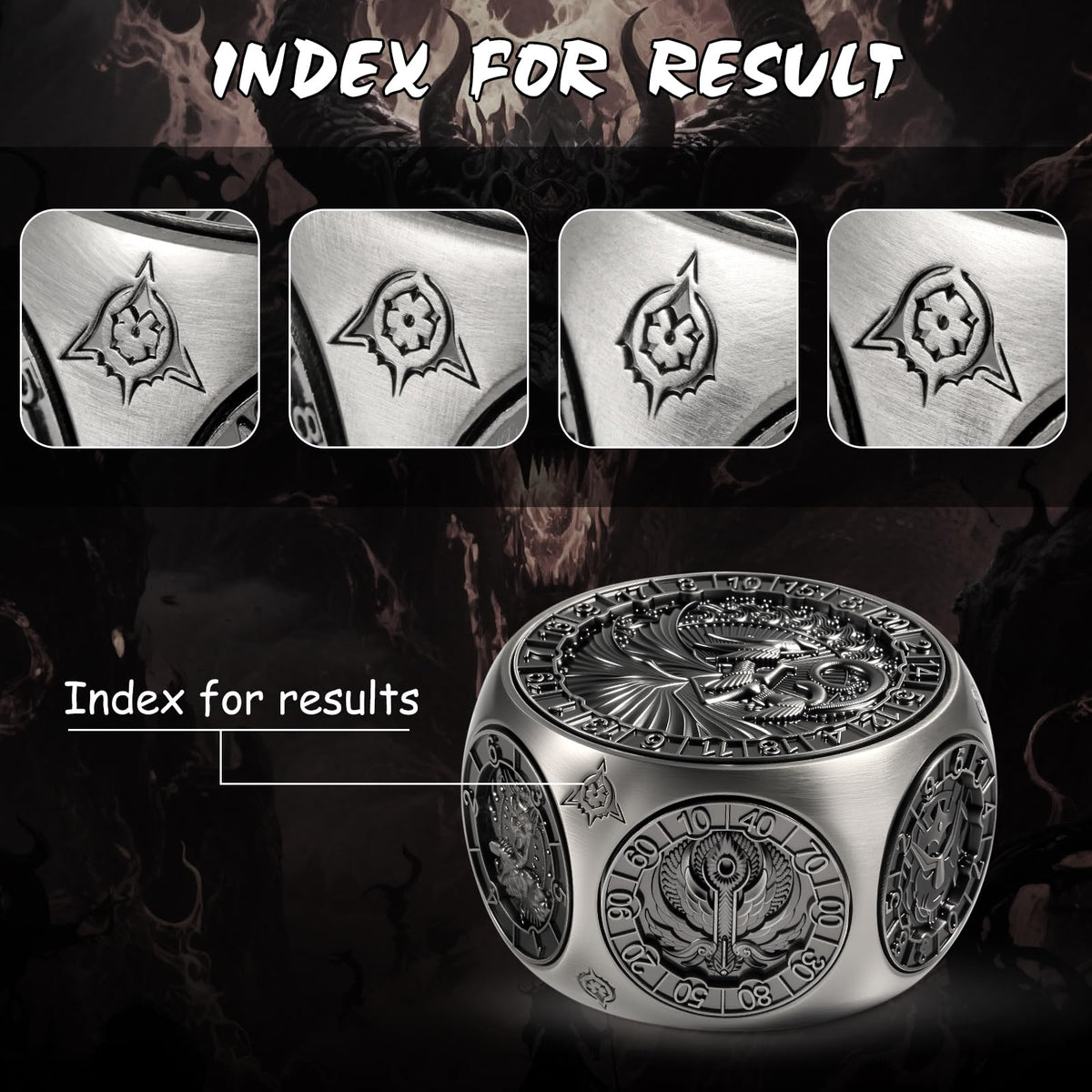 DNDND Gynosphinx face engraving on a D20, intricate display detail.