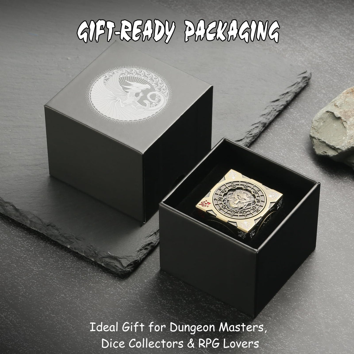 DNDND Brass 7-in-1 spinner dice cube Chimera face detail for tabletop storytelling