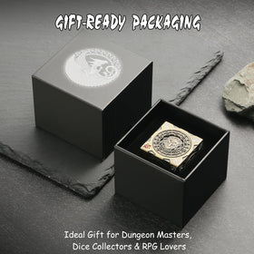 DNDND Brass 7-in-1 spinner dice cube Chimera face detail for tabletop storytelling