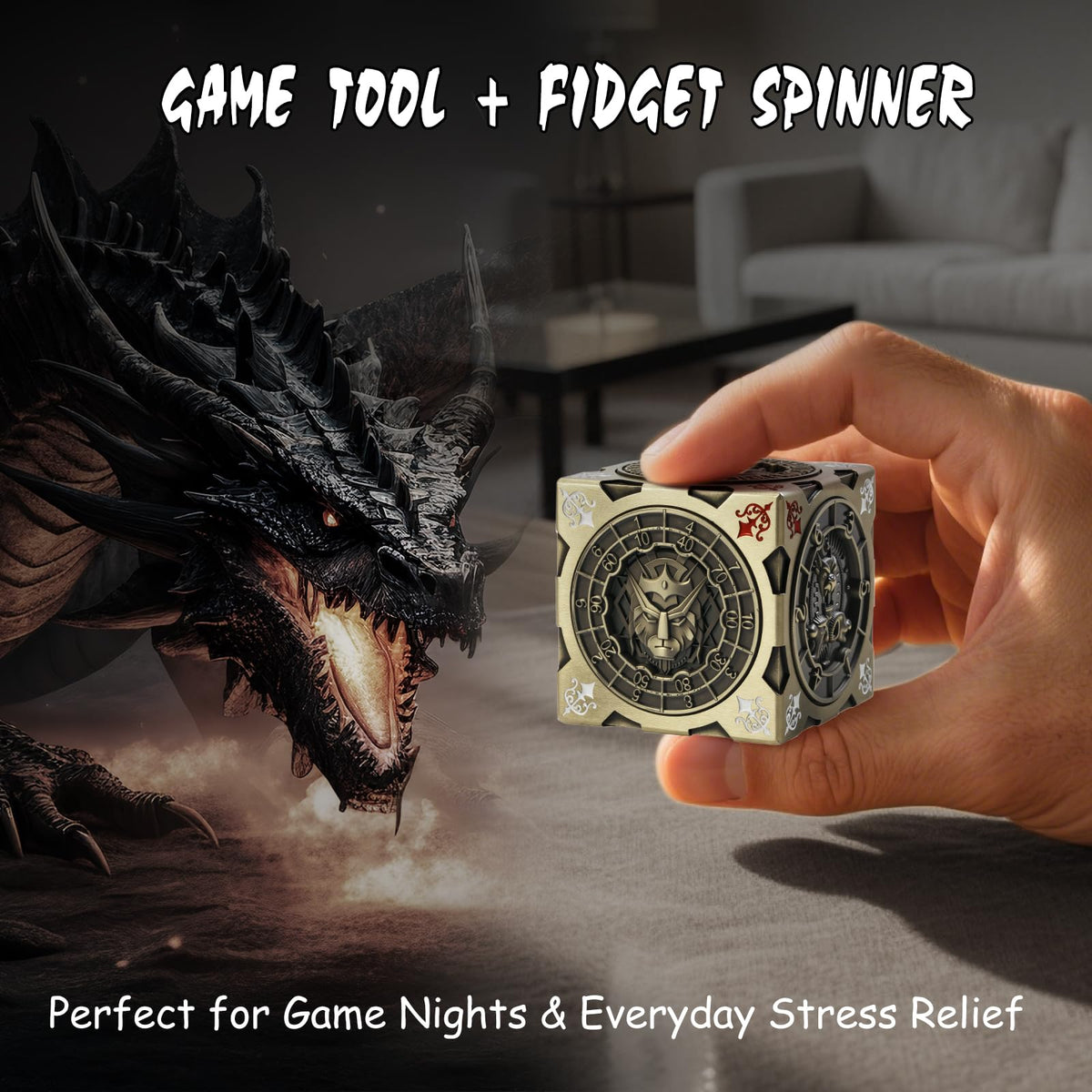 DNDND Brass 7-in-1 spinner dice cube Couatl face detail for critical moments
