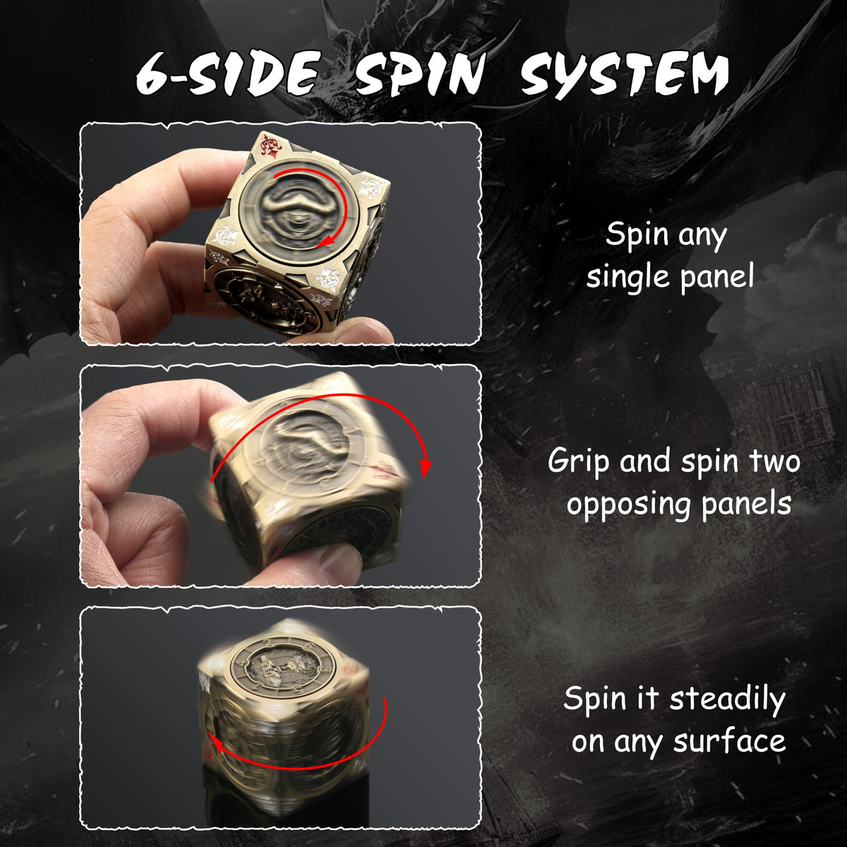 DNDND Brass 7-in-1 spinner dice cube Goristro face detail for spell effects