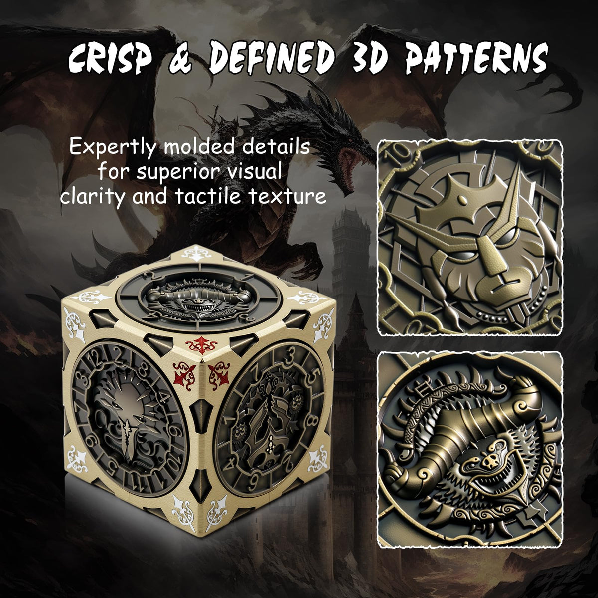 DNDND Brass 7-in-1 spinner dice cube Gynosphinx face detail for character checks