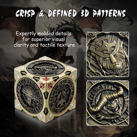 DNDND Brass 7-in-1 spinner dice cube Gynosphinx face detail for character checks