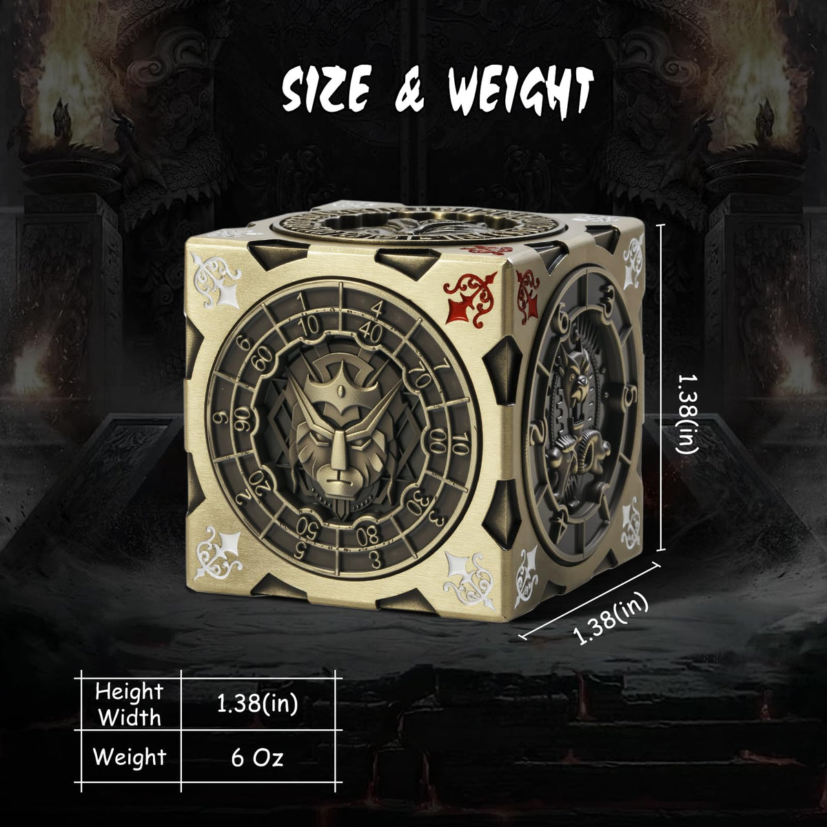 DNDND Brass 7-in-1 spinner dice cube Helmed Horror face detail for quick actions