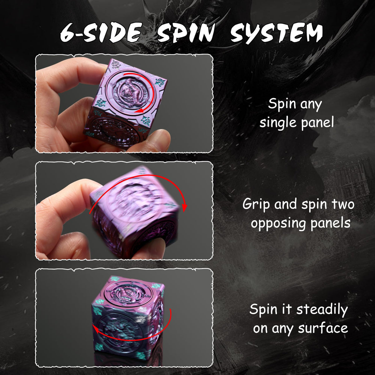 DNDND independent spinning bearings emphasize smooth turns on each face.