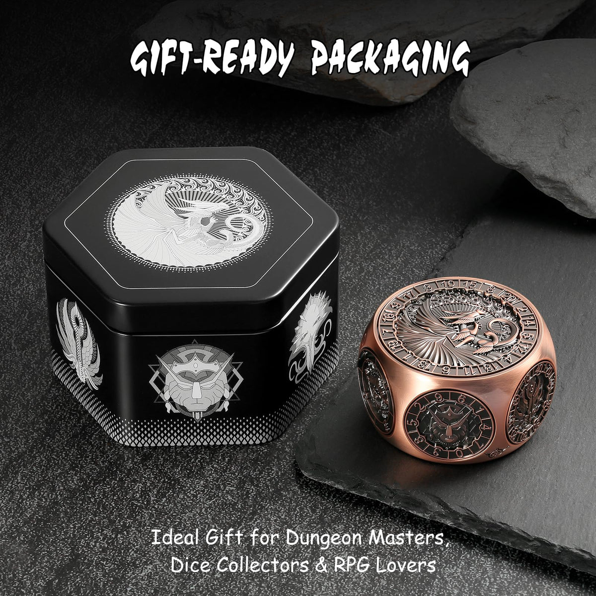 Chimera engraving on the DNDND spinner dice enhances game immersion.