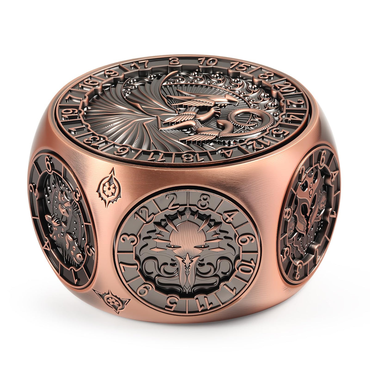 DNDND copper 8in1 spinner dice with dual D20 faces for versatile rolls.