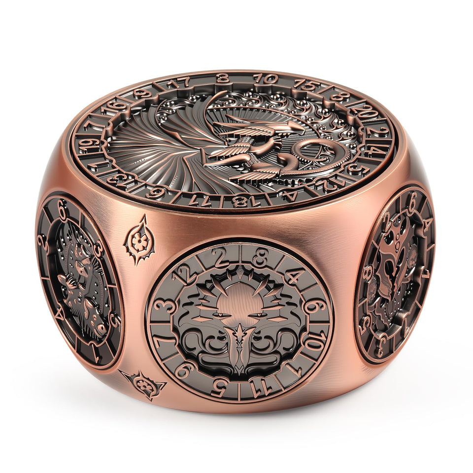DNDND copper 8in1 spinner dice with dual D20 faces for versatile rolls.