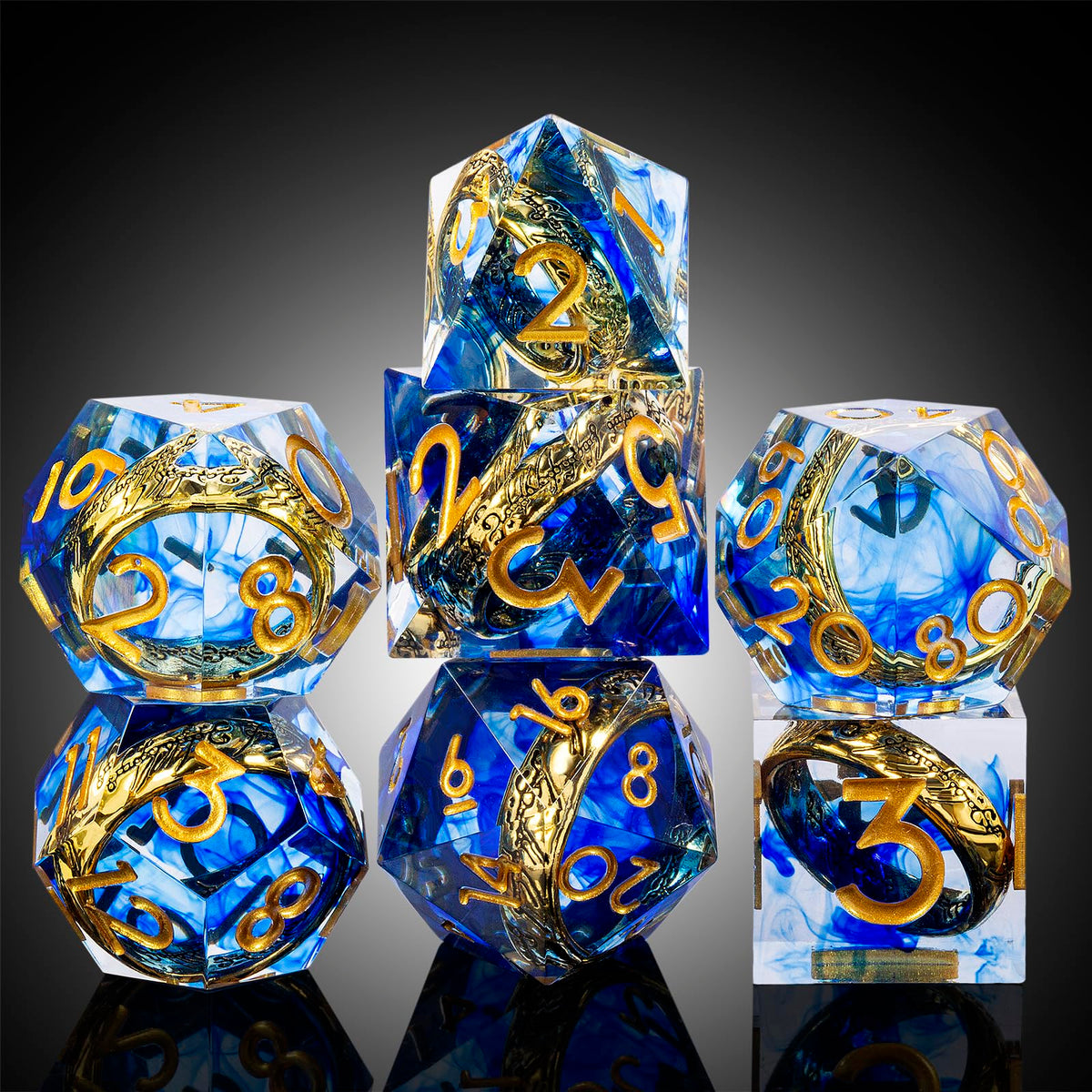 DNDND D10 die features crystal-clear faces and suspended gold ring.