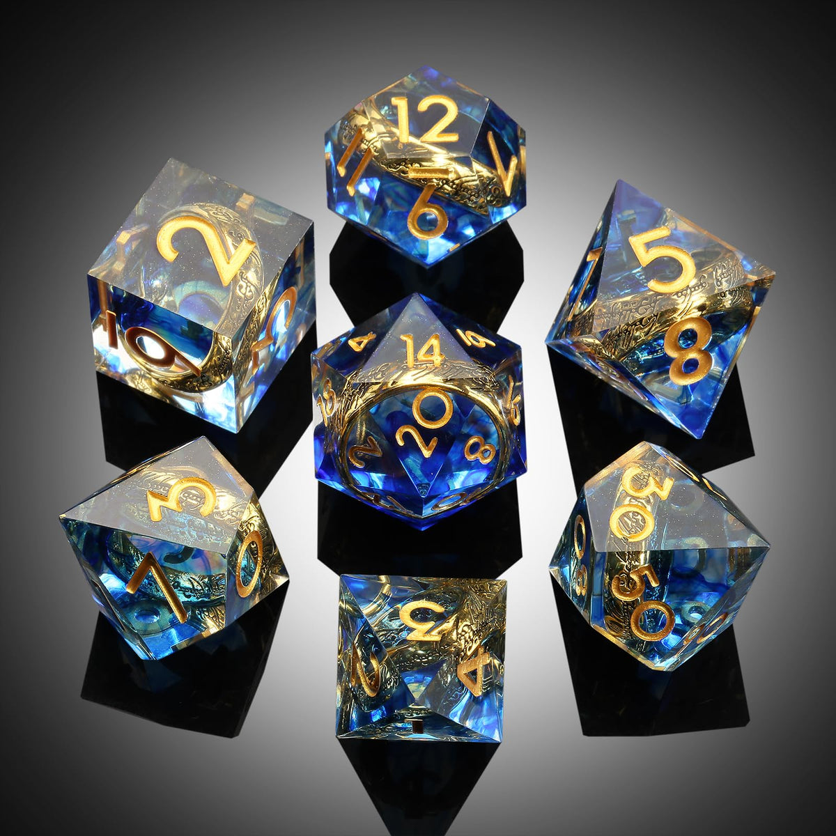 DNDND D12 die showcases a golden ring inside blue resin.