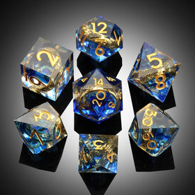 DNDND D12 die showcases a golden ring inside blue resin.