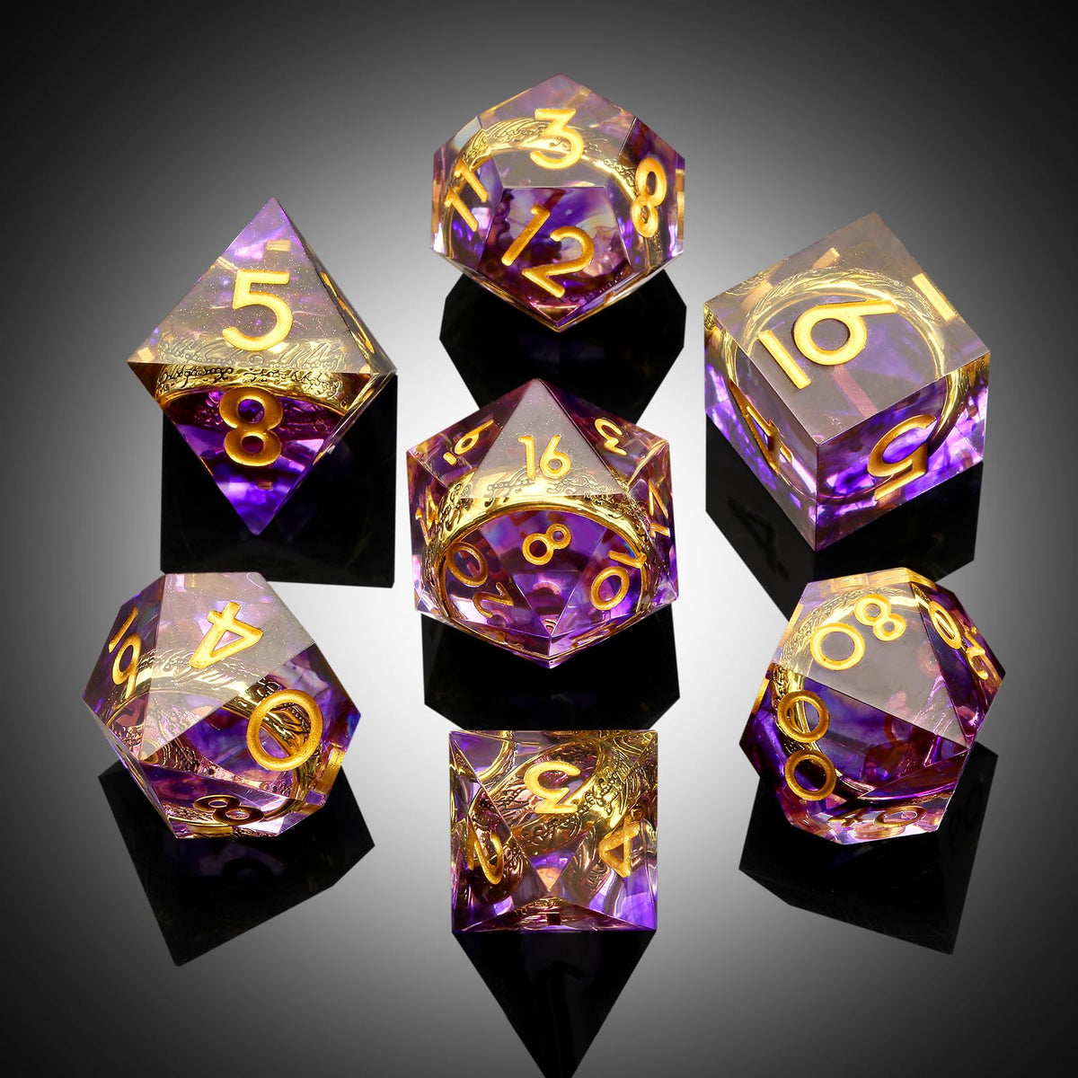 DNDND purple swirl D20 close-up for dramatic RPG moments