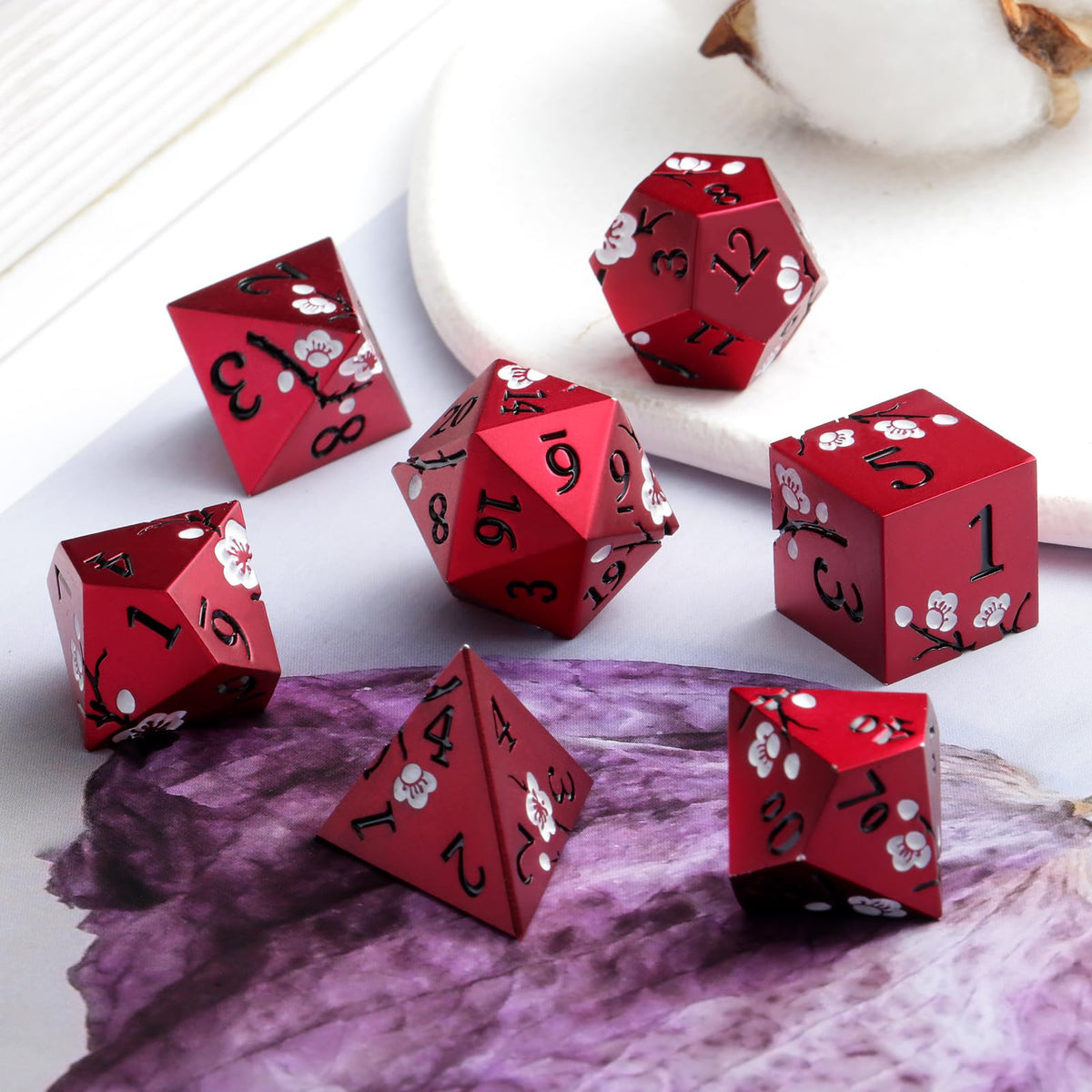 DNDND d6 metal dice with red flower design for immersive play