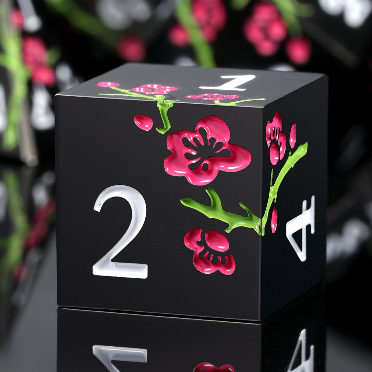 DNDND flower metal dice set on a gaming table; seven-piece kit adds striking table presence.