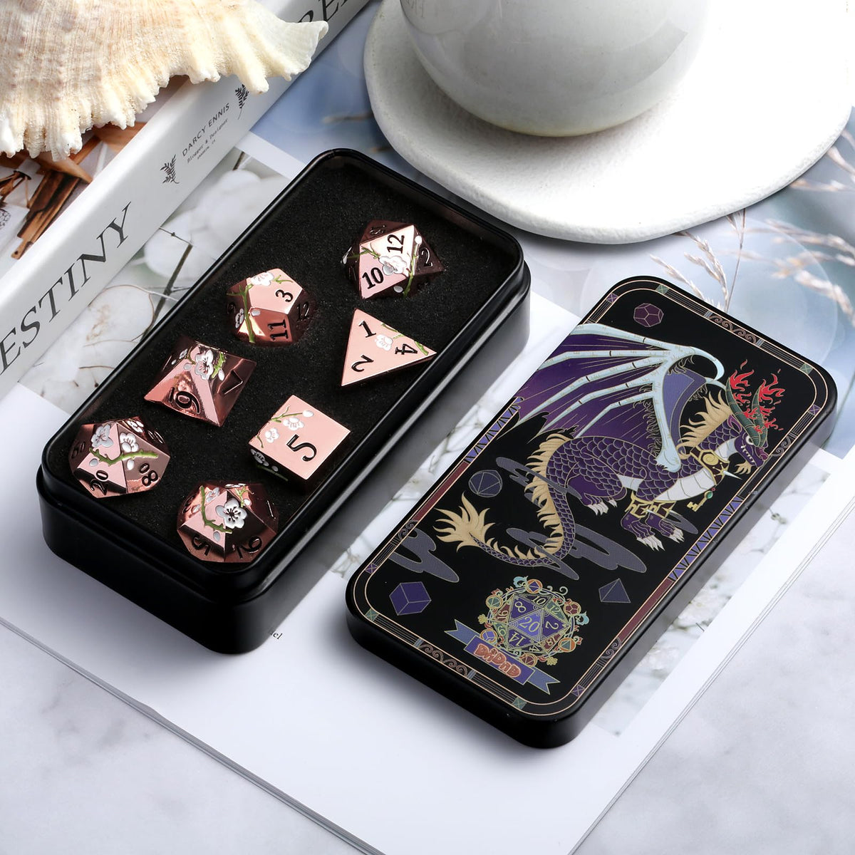 DNDND flower metal dice set D10: high-contrast markings aid quick reads.