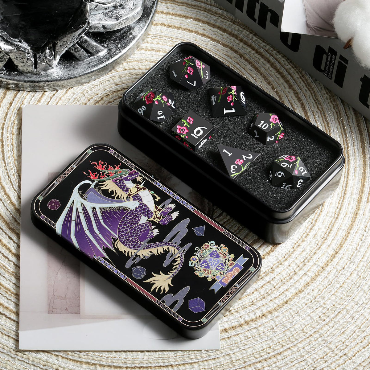 DNDND gift case with dragon emblem and foam liner keeps dice secure during travel.