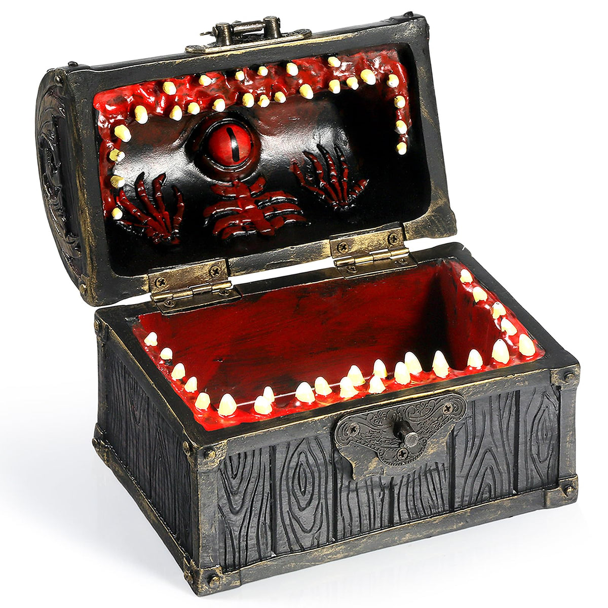 DNDND Mimic Chest Dice Box front view showing space for six dice sets