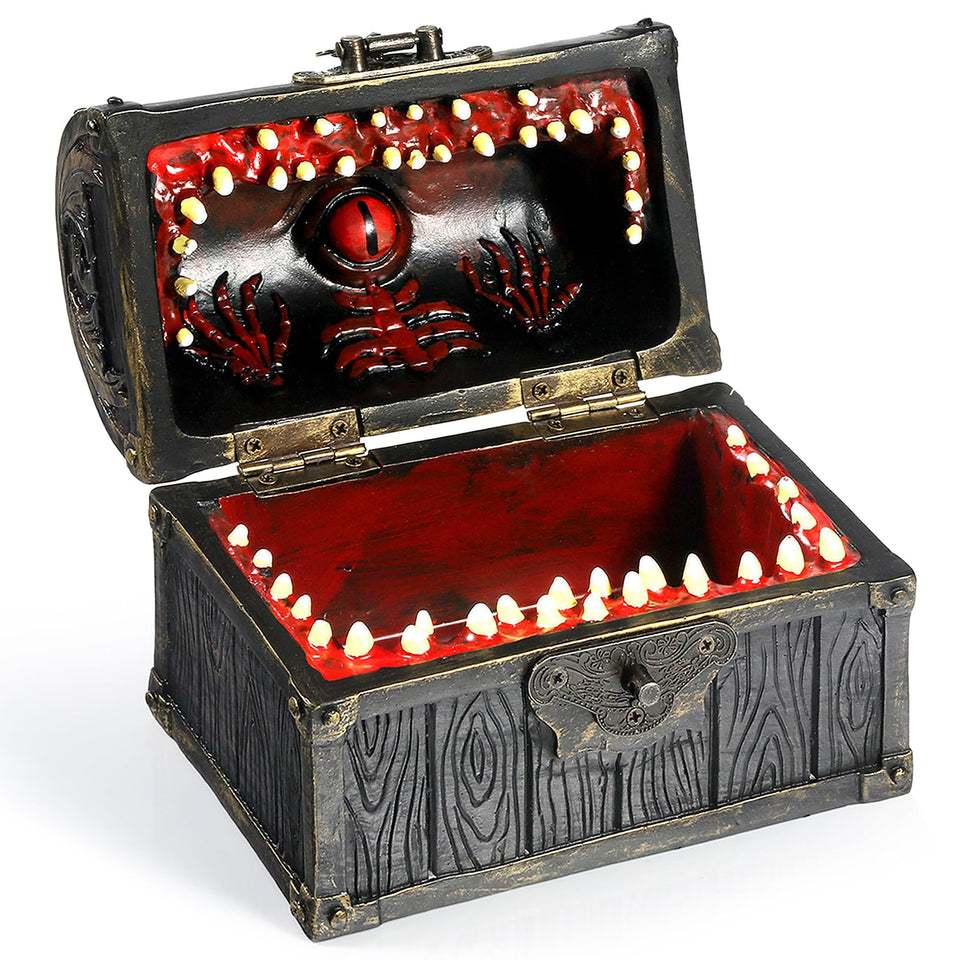 DNDND Mimic Chest Dice Box front view showing space for six dice sets