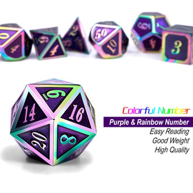 DNDND purple metal D10 die with rainbow frame for fast recognition.