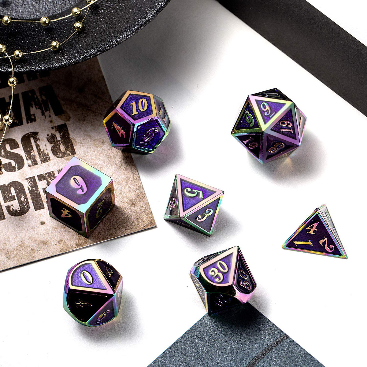 DNDND purple metal D20 die with rainbow frame for epic sessions.